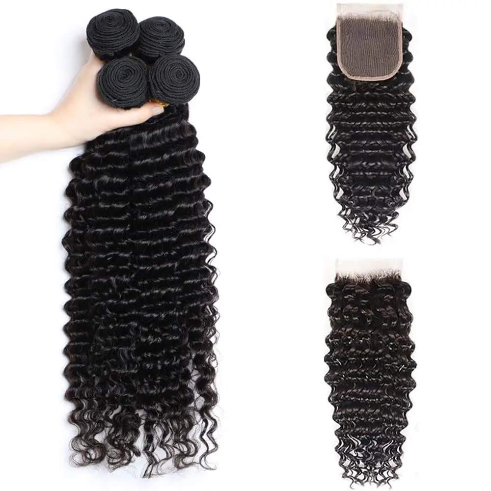 YEORING حزم شعر بشري مموج عميق مع 4 × 4 HD حزم إغلاق الدانتيل 100% وصلات شعر بشري برازيلي نسج شعر خام طبيعي