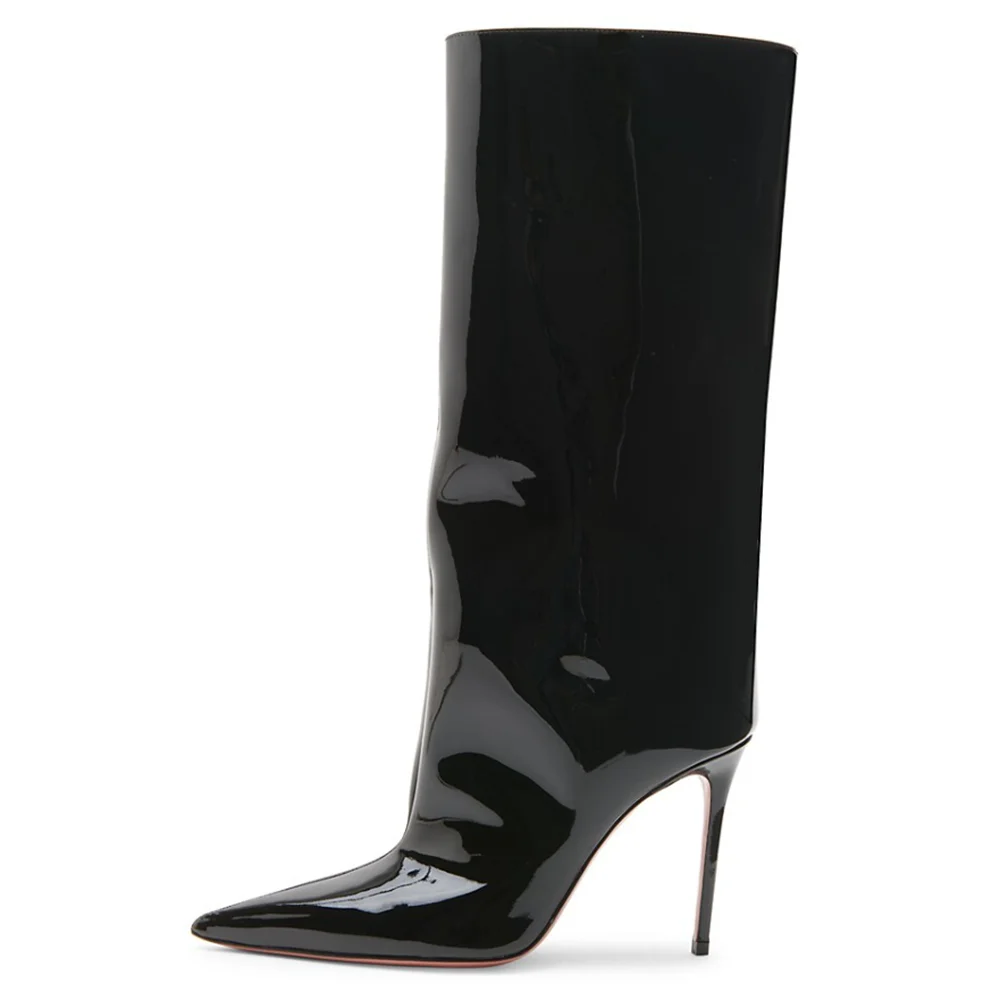 Customizable Plus Size Pull On Pointed Toe Stiletto Mid Calf Iridescent Multicolor Petrol Patent Leather High Heel Boots