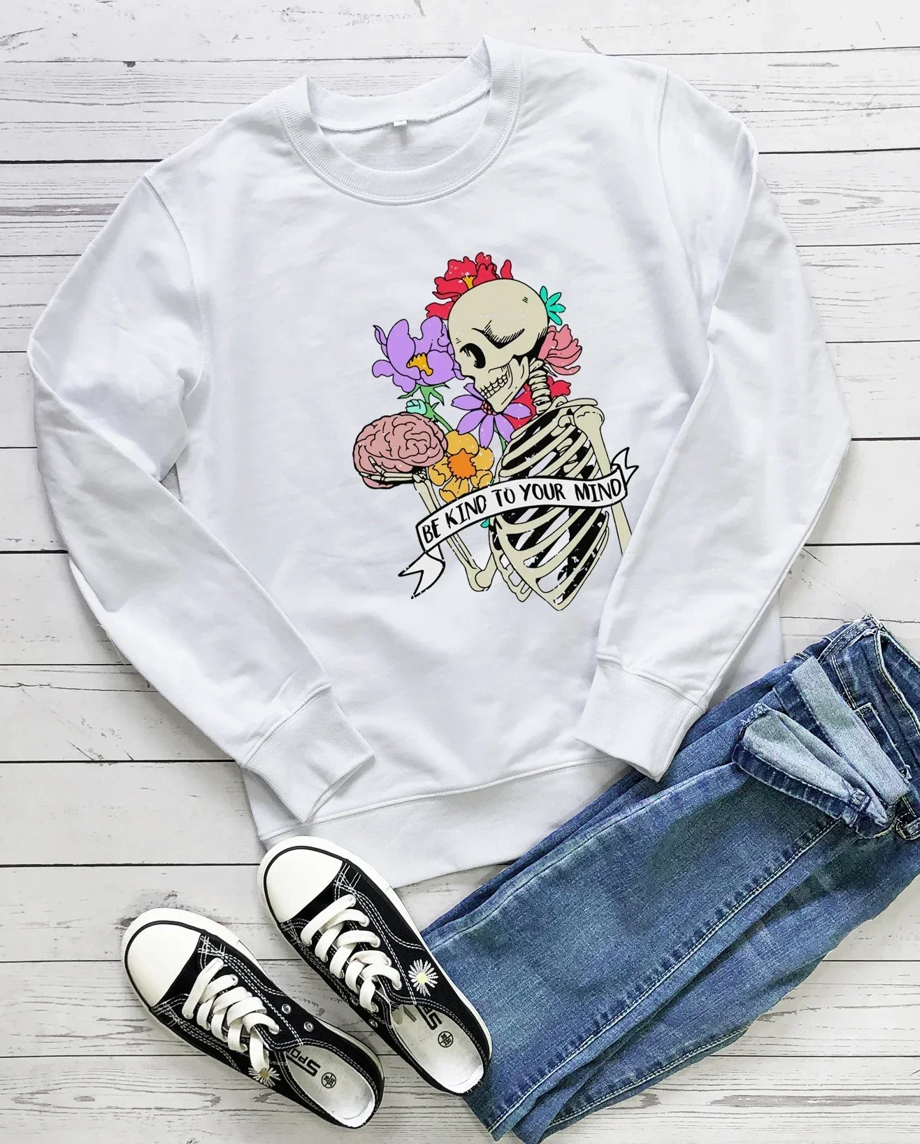 New Womens Sweatshirt Mental Health Print Sweats Floral Skeleton Pullover Women Fashion Hoodies Casual Vintage Tops