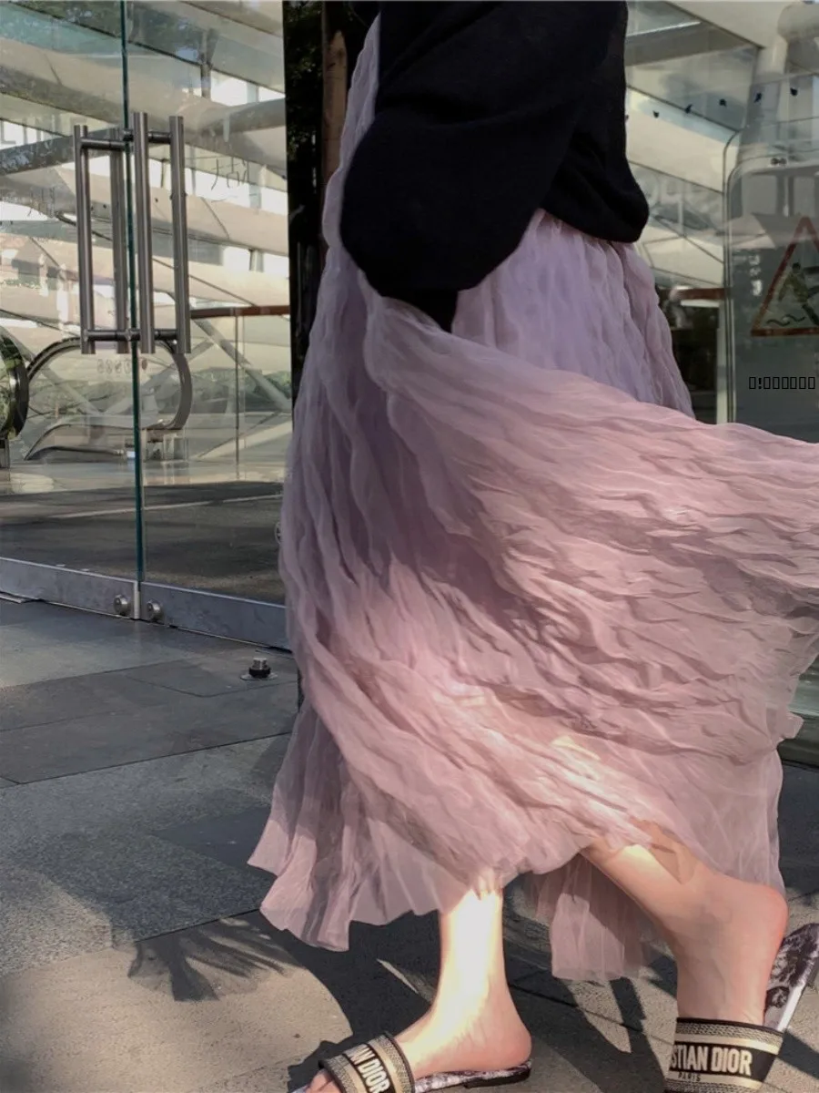 

Новая летняя винтажная модная юбка-миди А-силуэта с высокой талией, плиссированная, фиолетовая, женская, однотонная, для повседневной носки