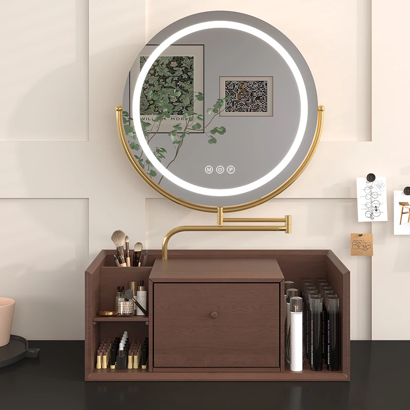 Vanity Mirror With Lights,Solid Wood Cosmetics Storage Box,Dimmable 3 Lighting Modes, Cosmetic Mirror Can Be Stretched-image
