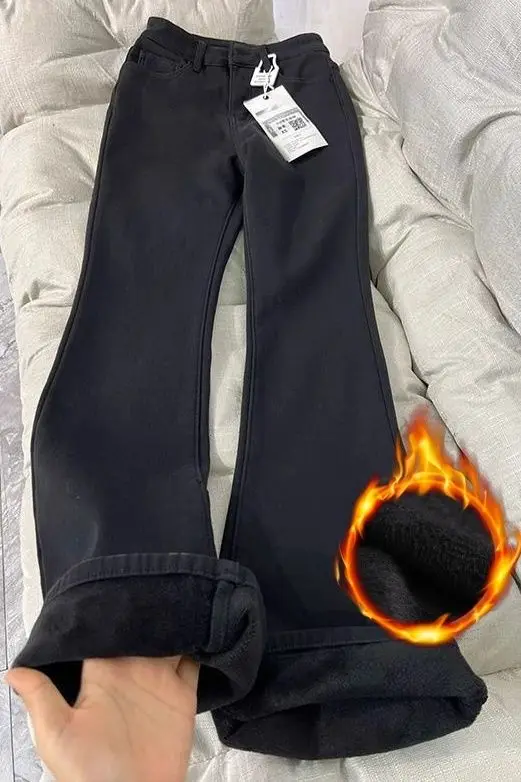 

Черные толстые флисовые расклешенные джинсы, женские зимние новые утягивающие брюки с низкой талией и конским подолом
