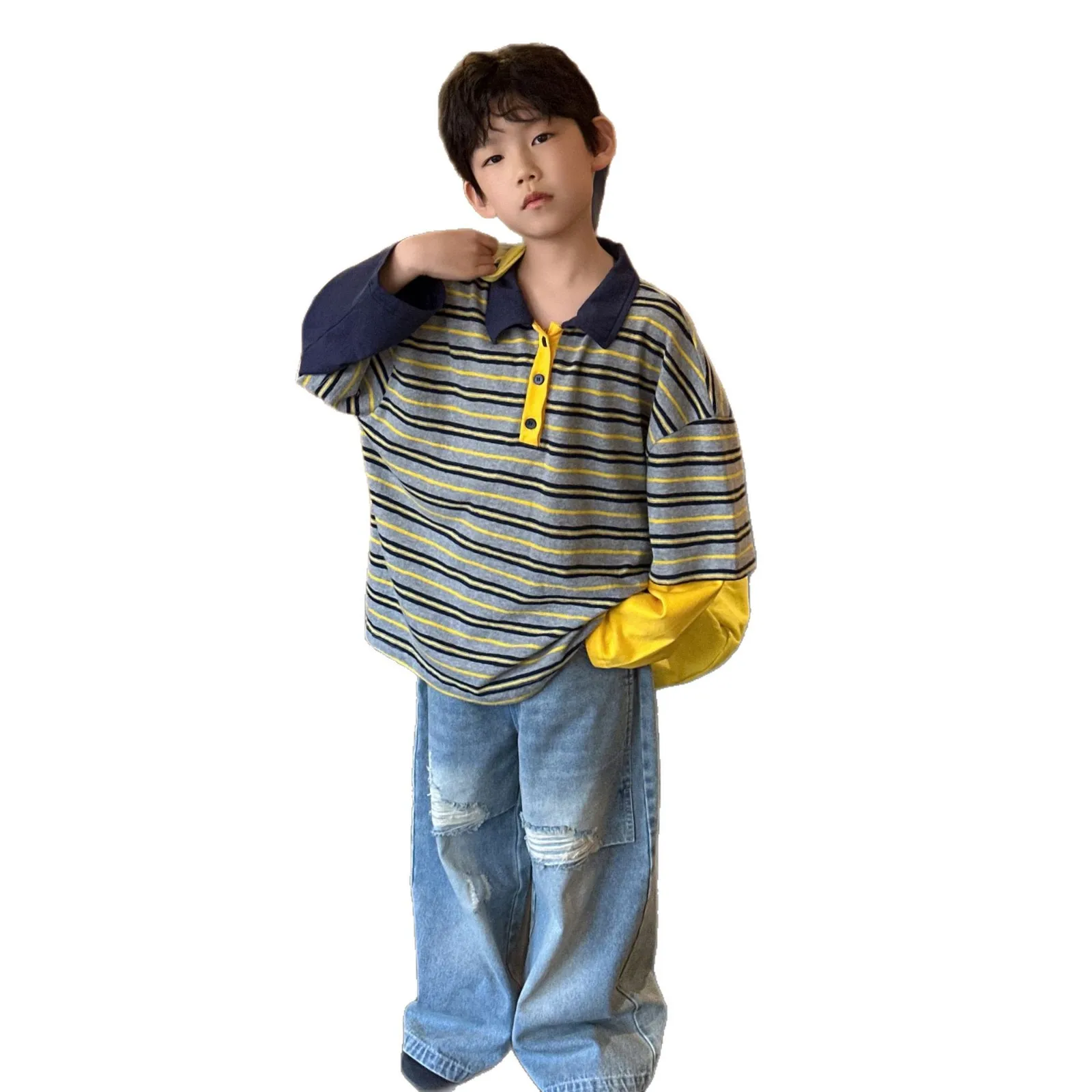 

Детская футболка-поло с имитацией двухслойности и длинным рукавом, весна-осень 2026, новая модель для мальчиков, свободный крой, в полоску