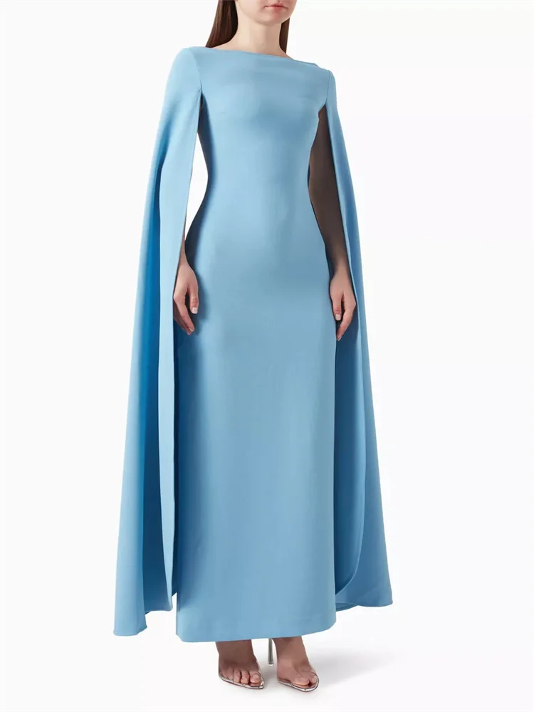 Hot Selling Long Cape Sleeves Boat Neckline Satin Straight Evening Dress Back Zipper Floor Length With Slit Gown For Women 2024