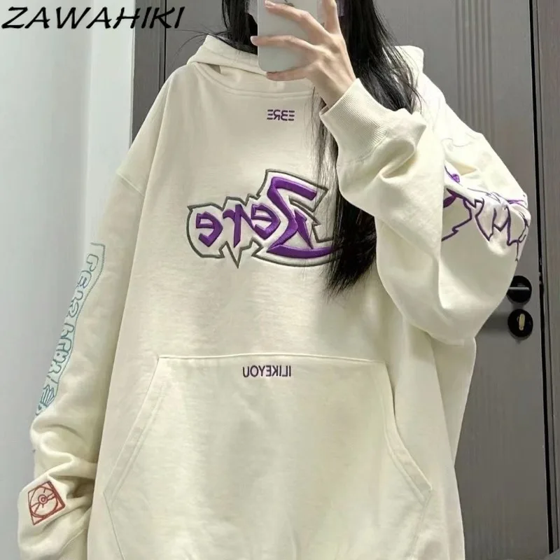 

ZAWAHIKI Sweatshirt Hoodie Women Vintage Letter Embroidery Loose Lovers Fashion Versatile Casual Japanese Sweet Chic Tops Mujer