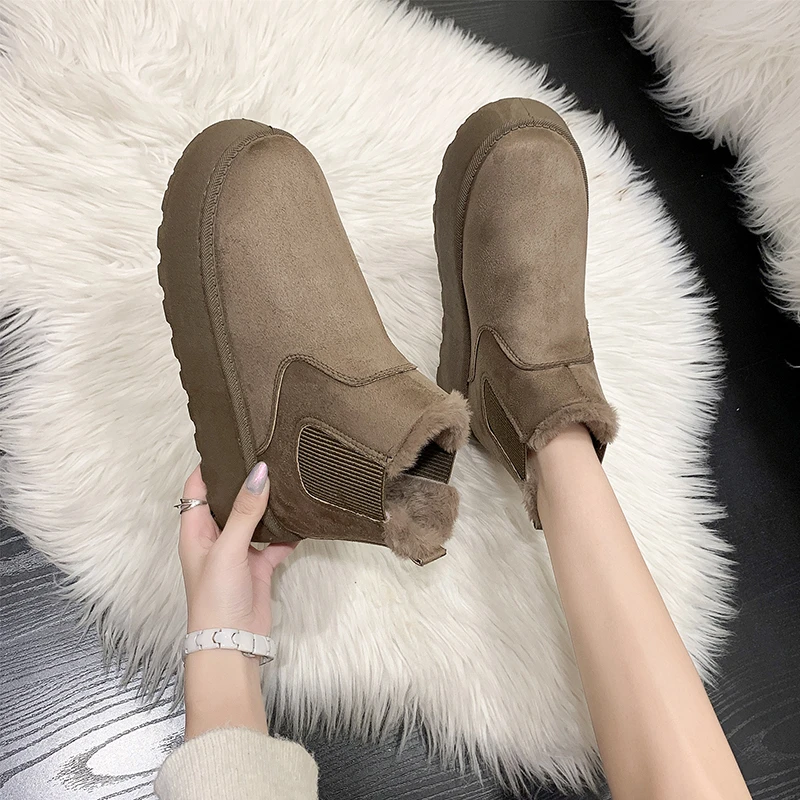 2024 Winter Frauen Kurze Plüsch Warme Schnee Stiefel Casual Schuhe Neue Wildleder Pelz Chelsea Stiefeletten Wohnungen Plattform Damen Schuhe botas