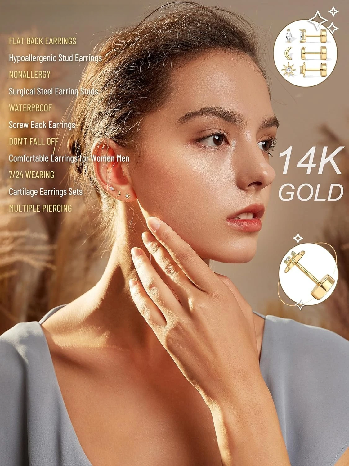 14K الذهب شقة عودة وأقراط للنساء الرجال لذيذ الجراحية الصلب تشيكوسلوفاكيا أوبال الغضروف اللولب متعددة ثقب مجموعات مجوهرات