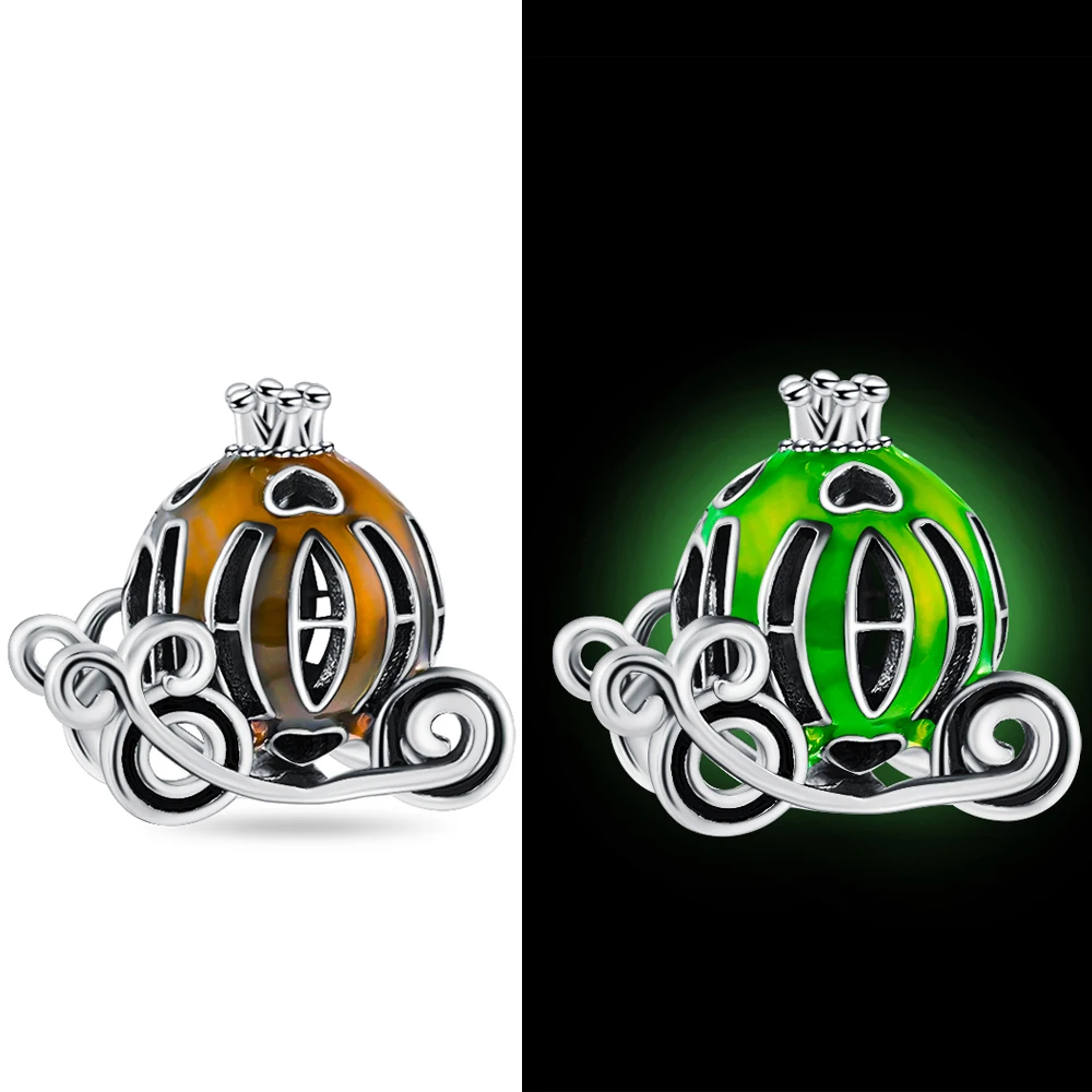 Halloween Series 925 Silver Makeup Ball Night Light Orange Magic Pumpkin Car Jewelry Charm Pendant Fit DIY Bracelet Jewelry