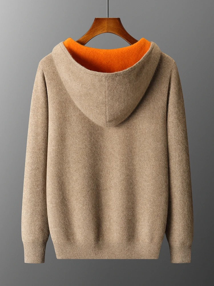 Cárdigan de lana Reversible para hombre, suéter con capucha de otoño e invierno, 100% liso de lana merina, chaquetas informales simples para hombre, gruesas y cálidas
