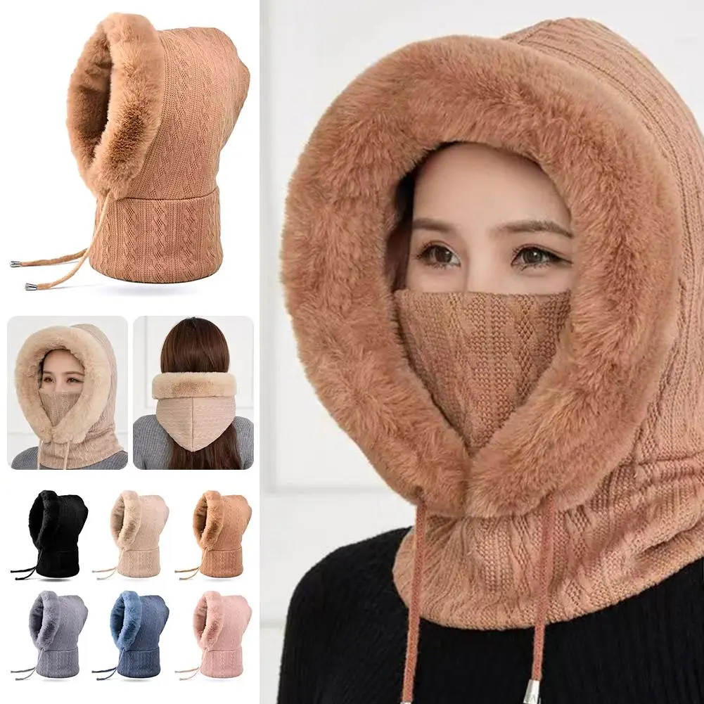 Winter Hat For Women Hooded Face Fluff Keep Warm Thicken Style Neck Scarf Hooded Cap Beanie Knitted Cashmere Neck Warm Z7f3