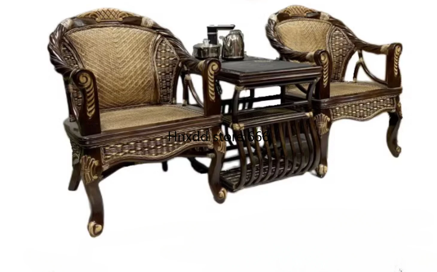 Solid wood natural rattan chair three-piece balcony elderly leisure back chair