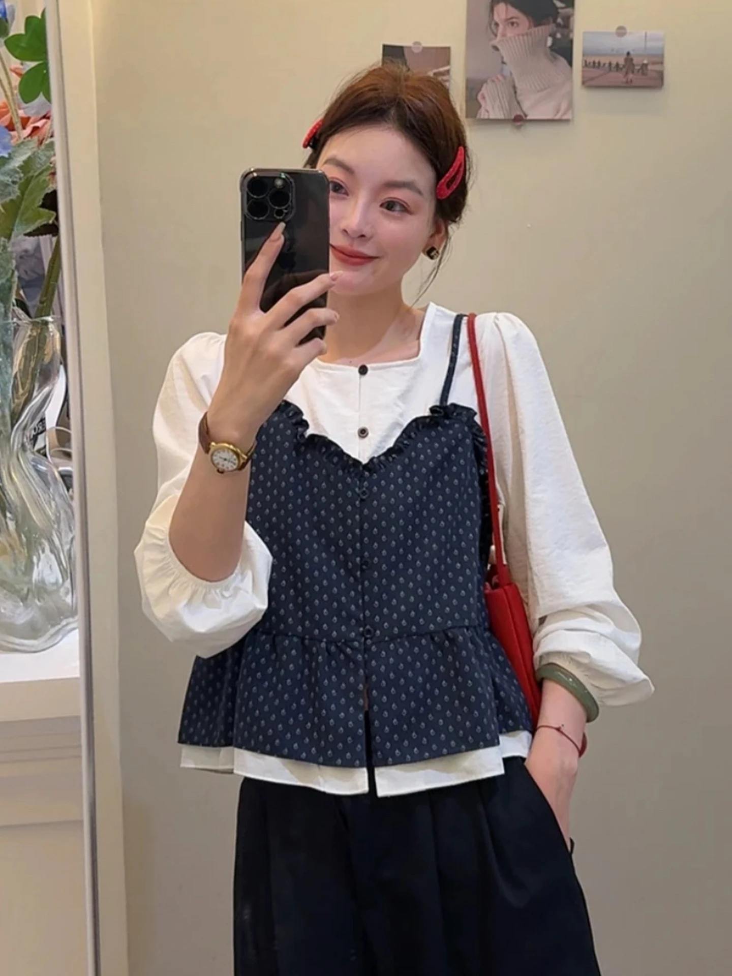 

Женская модная дышащая блузка-имитация двойки с простым дизайном, осенняя новинка, корейский стиль, прямой крой, шелковый топ