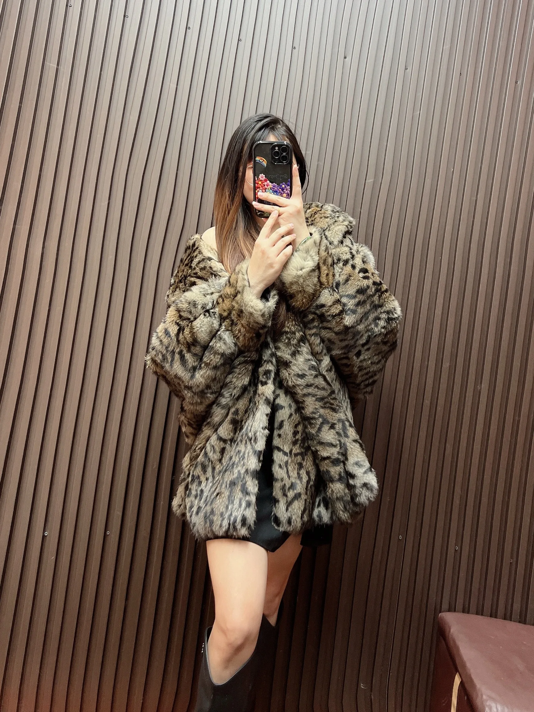 Women Winter Real Rabbit Fur Coat Leopart Print Hooded Jacket Thick Warm Fashion Overcoat Top Batwing Sleeve