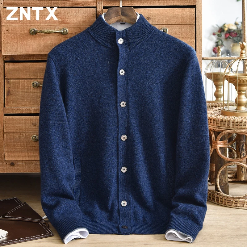 New Winter 100% Pure Cashmere Cardigan Men's High Collar Button Knitted Coat with Thickened Pocket for Warmth, Middle Aged