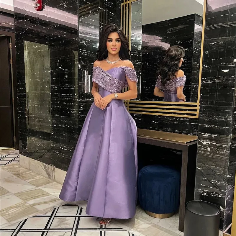 

2024 Women Off The Shoulder Evening Dresses A Line Ankle Length Prom Dresses Elegant Sequins Formal Occasion Dress BAall Gowns
