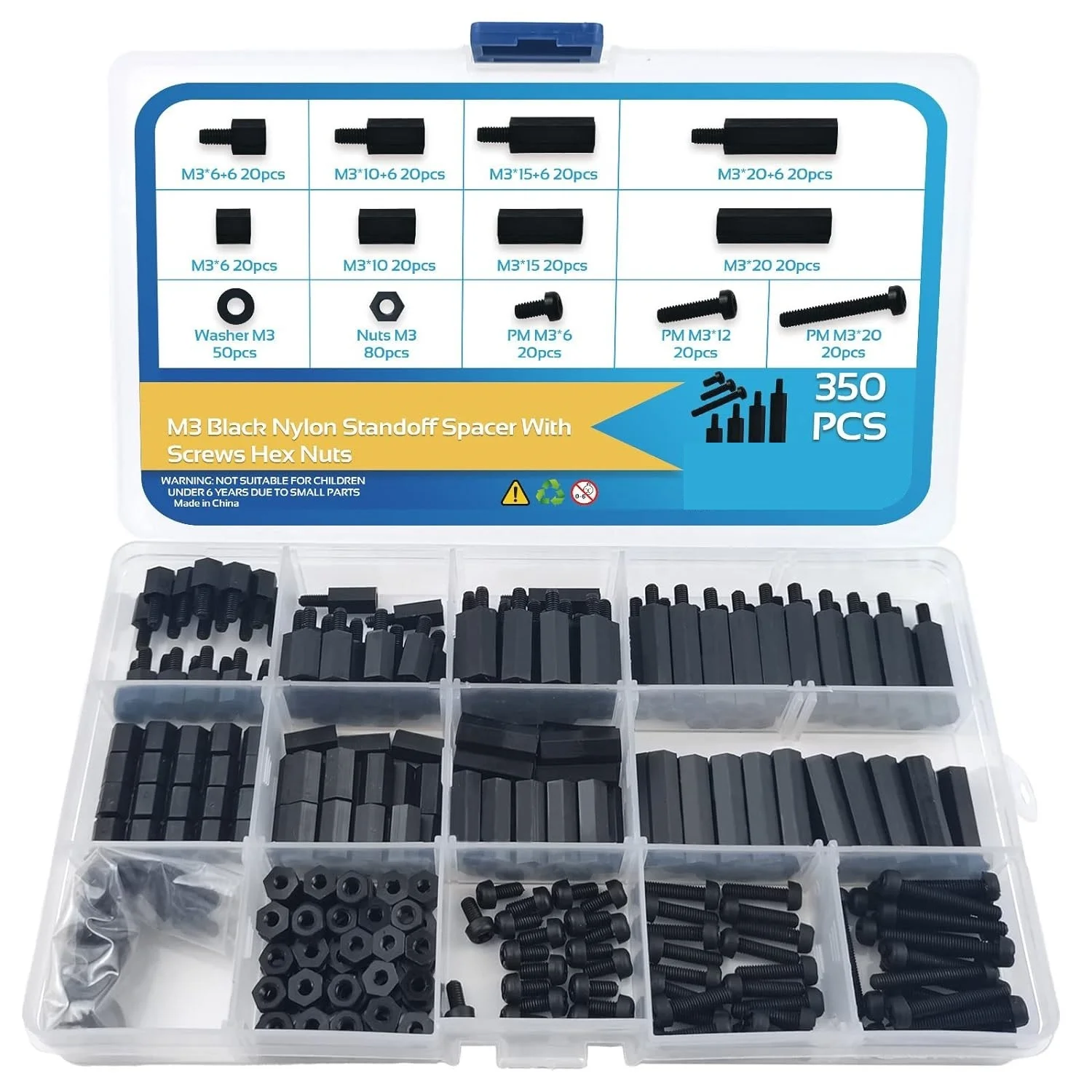350PCS M3 Black Male Nylon Hexagonal Gasket Bracket Screw Nut Set Combination Kit