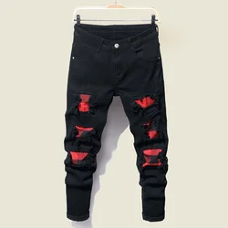 Streetwear modne dżinsy dla mężczyzn Retro czarny elastyczny Slim Fit porwane jeansy męskie łączone projektant Hip Hop spodnie dżinsowe spodnie