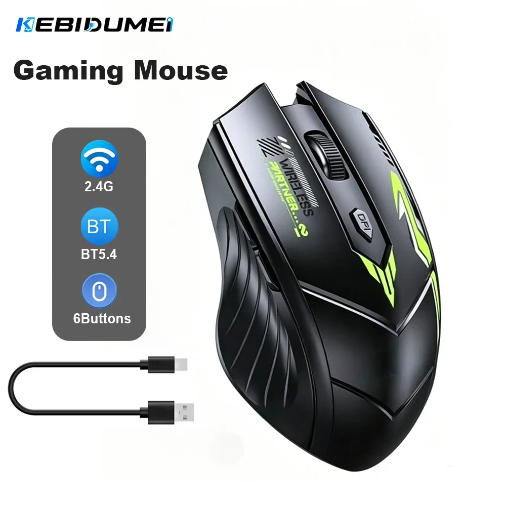 KEBIDUMEI Dual Mode Gaming Mouse 6 Keys Bluetooth 5.4 2.4G Wireless Mouse Silent Click Ergonomic Mice for Tablet Laptop Desktop
