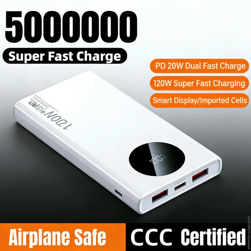 500000mAh Power Bank 120W Super Fast Charging PD20W Dual Way Digital Display Airplane Safe CCC For iPhone Samsung Xiaomi