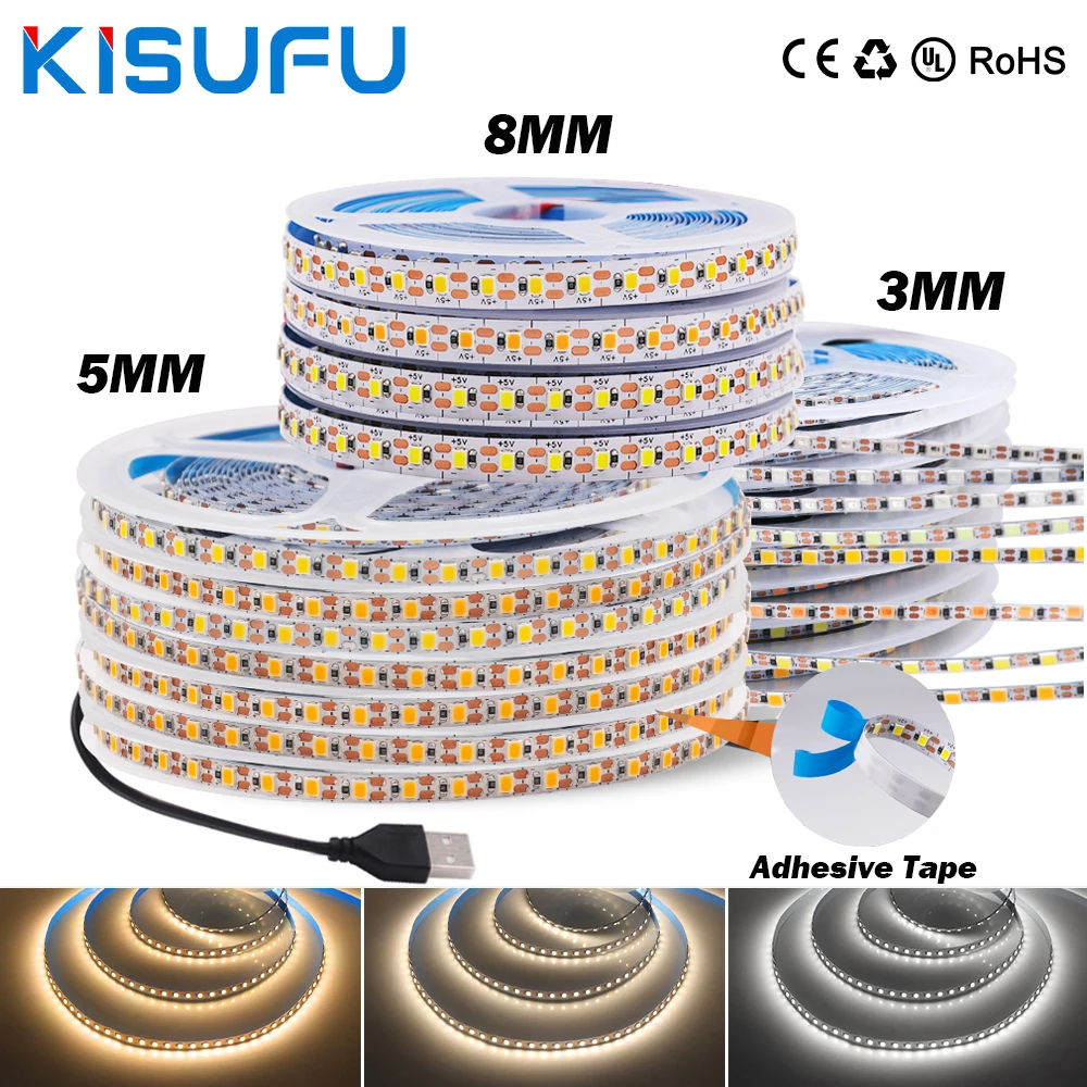 5V USB LED Strip Light SMD2835 3mm 5mm 8mm PCB 120Leds/m 3000K 4500K 6000K Flexible Double-sided Adhesive Tape TV Room Decor