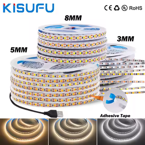5V USB LED Strip Light SMD2835 3mm 5mm 8mm PCB 120Leds/m 3000K 4500K 6000K Flexible Double-sided Adhesive Tape TV Room Decor