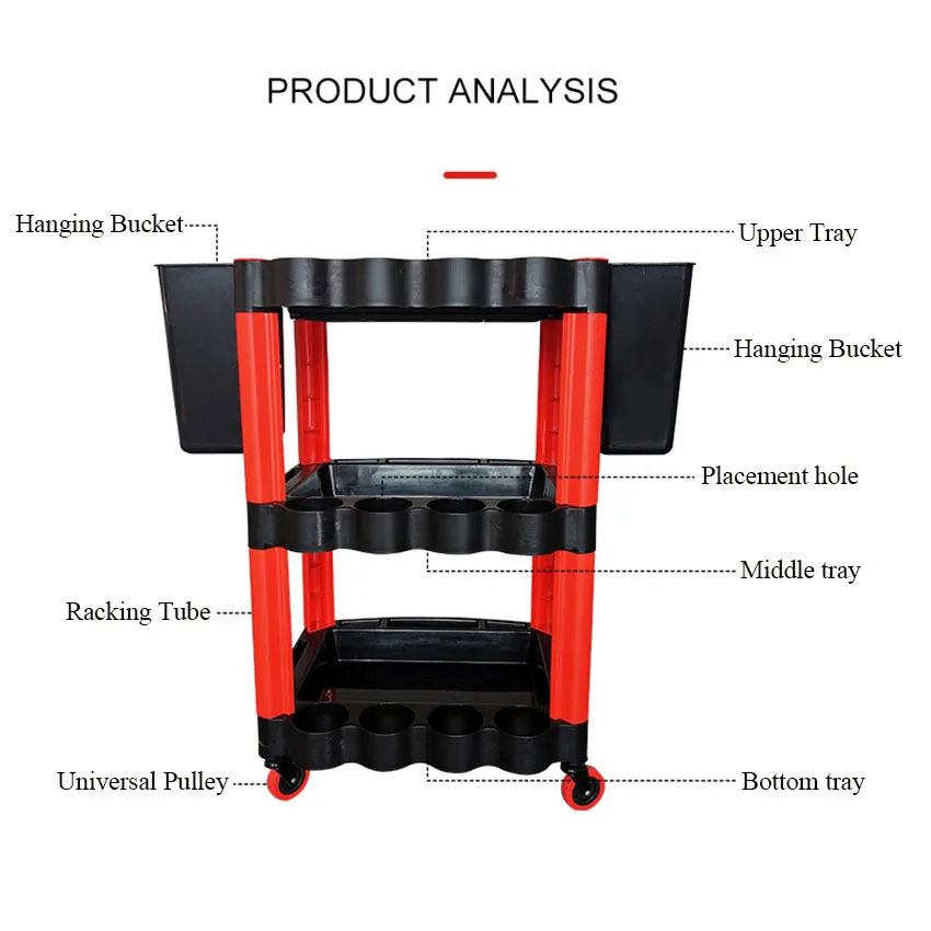 Beauty Tool Cart with Wheels Car Wash Handcart 3-Layer Multi-functional Trolley Storage Utility Mechanical Workshop Trolley