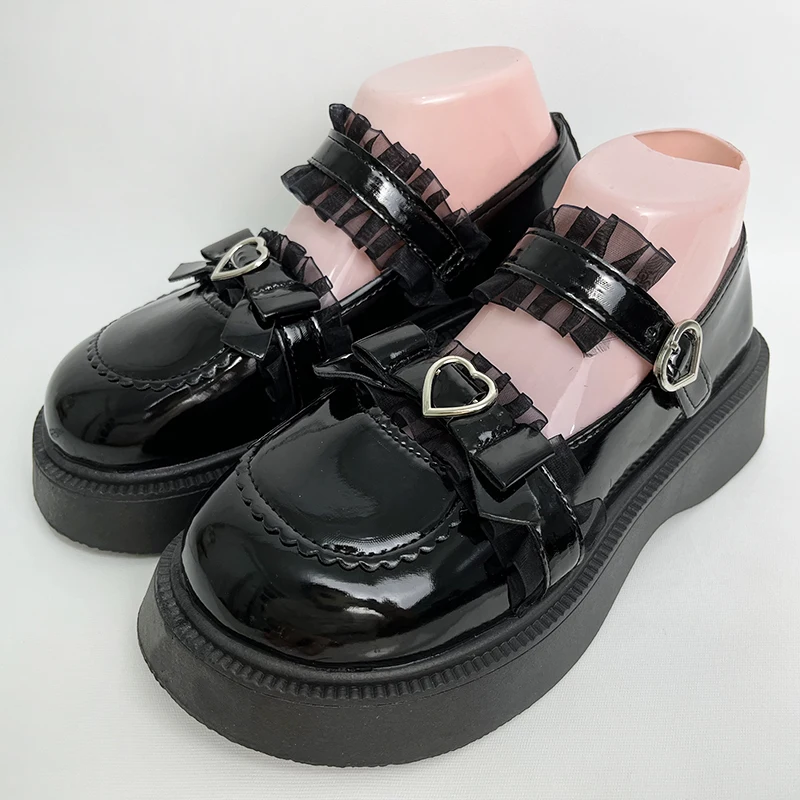 Lucyever Sweet Lace Bowknot Lolita Shoes Women Heart Buckle Patent Leather Mary Janes Woman 2024 Round Toe Platform Flats Shoes