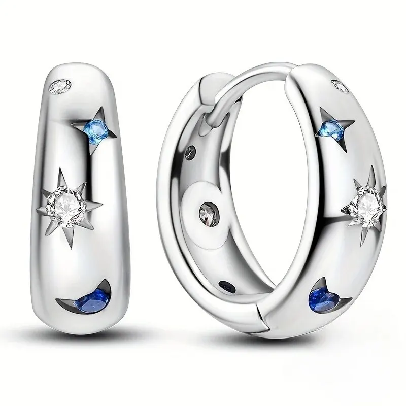 Sun And Star Pattern Women's Small Hoop Earrings Blue Crystal Cubic Zirconia Hoop Earrings Exquisite Girl Personality Jewelry