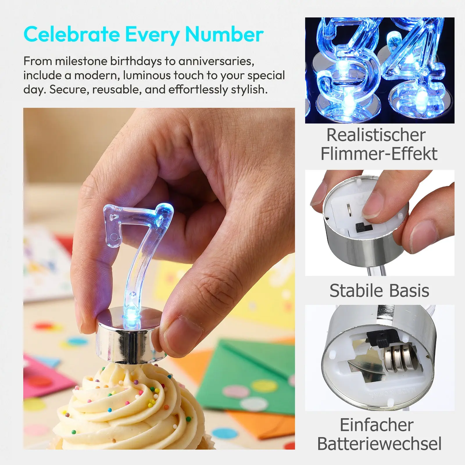 10Pcs LED Number Lights Novel Shape Flameless Smokeless Birthday Decorative Lamp for Gathering Cake Table Window