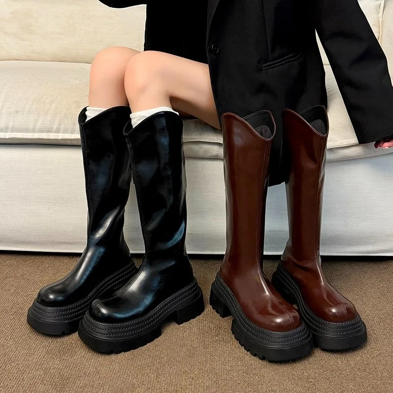 

Mid Heels Women Platform Long Boots Designer Elegant Leather Shoes 2025 Winter New Knee Boots Dress Party Pumps Zapatillas Mujer