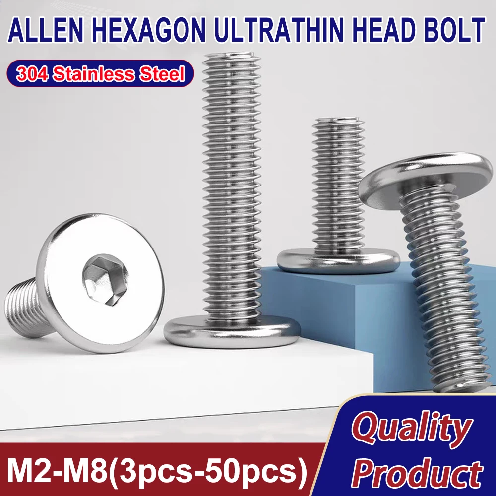 3pcs-50pcs CM 304 A2-70 Stainless Steel Hex Hexagon Socket Ultra Thin Flat Wafer Allen Head Bolt Screw M2 M2.5 M3 M4 M5 M6 M8