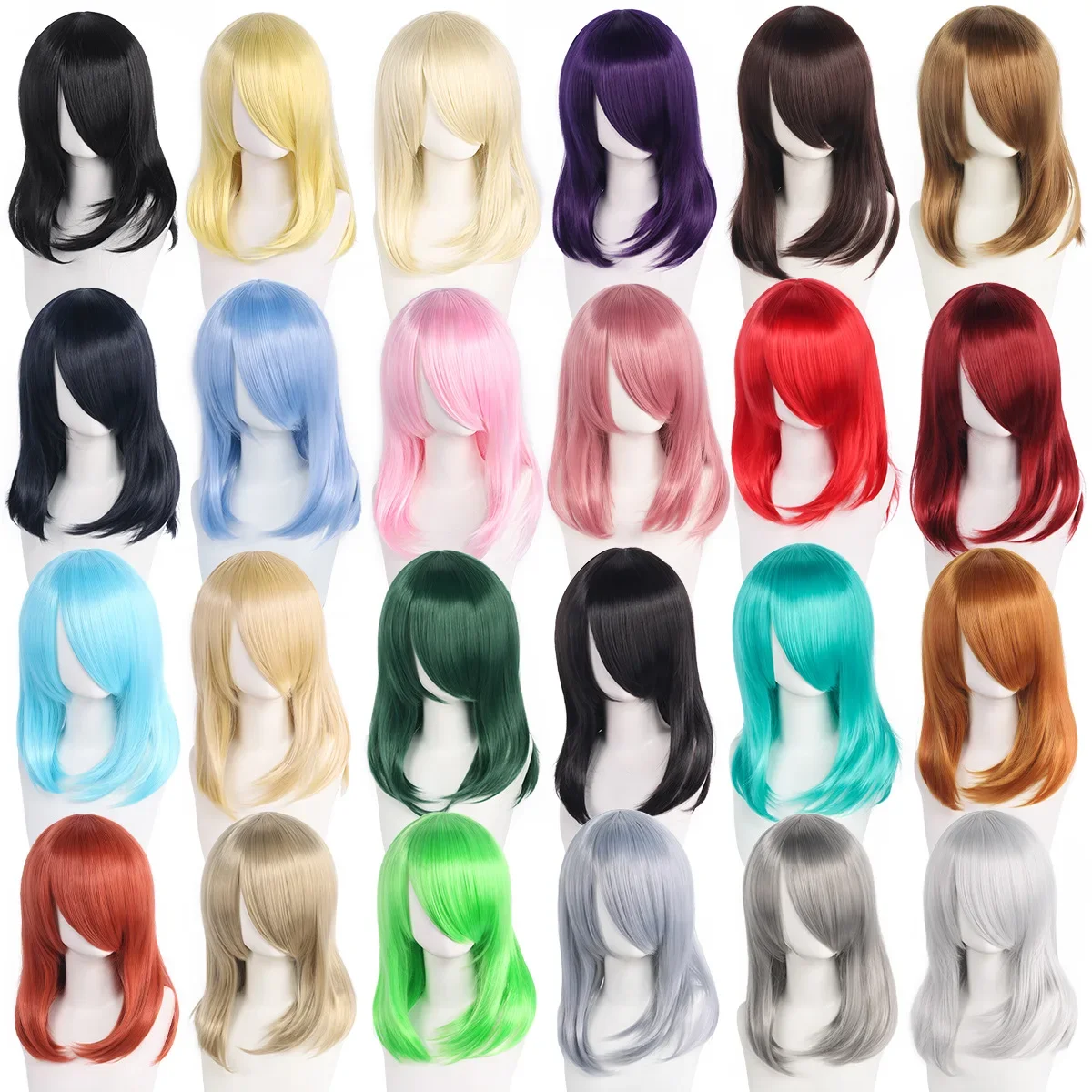 Nwe 45cm Medium Basic Anime Cosplay Wig Bang Blond Black White Red Pink Green Brown Gold Blue Heat Resistant Synthetic Hair Wigs