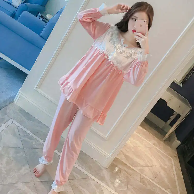 Pajama Sets Women Long Sleeve O-neck Lace Patchwork Loose Sweet Princess Cute Sleepwear Spring Casual Home Lounge Wear Fashion