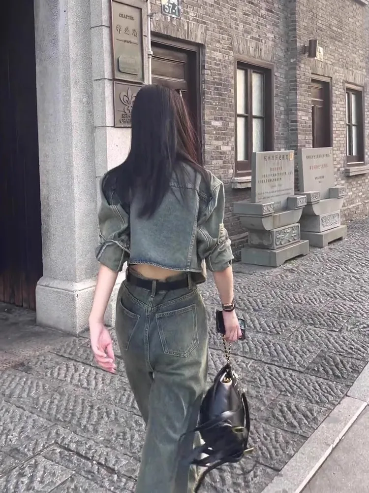 2024 Women's Spring Retro Hot Girl Denim Suit Women's Early Spring Fashion Short Coat High Waist Wide Leg Pants Two-Piece Set