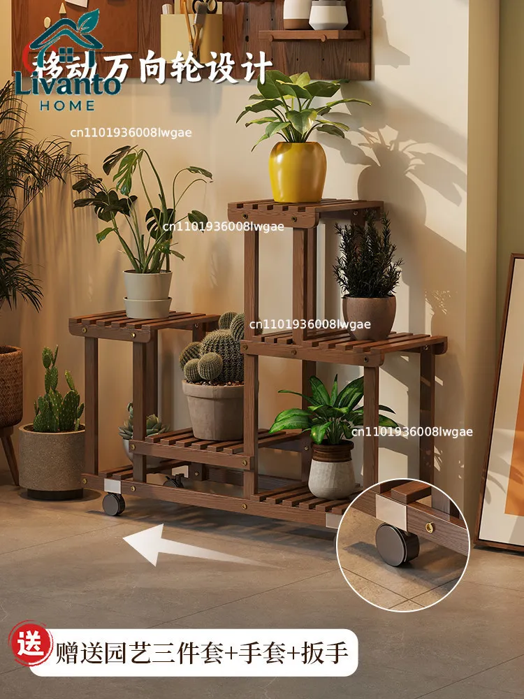 

Solid wood flower stand, multi-storey floor-standing balcony, living room, movable shelf, pothos plant, carbonized wood frame,