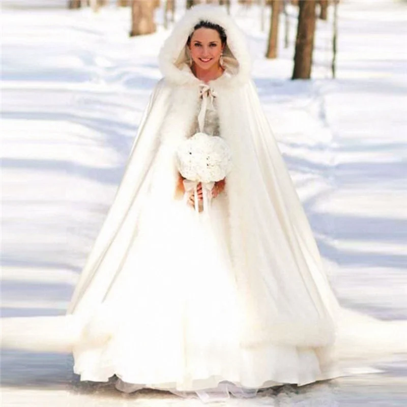 Long warm capes white ivory bride winter wedding cloak shawl satin + artificial fur cape coat adult poncho Wedding cloak