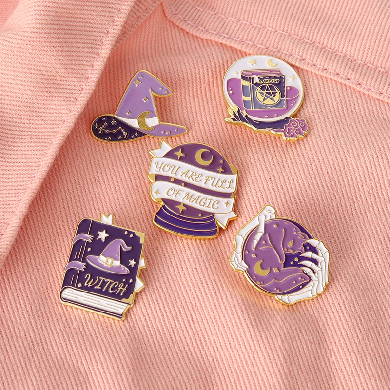 Wholesale Witchcraft Enamel Pins Custom Purple Wizard Hat Book Ball Cat Brooch Lapel Badge Bag Gothic Jewelry Gift for Friends