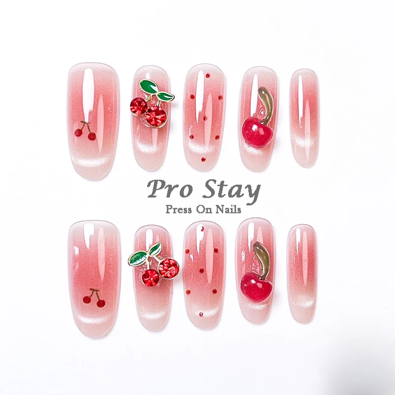

10pcs Handmade Press on Nail Luxury 3d Pink Cherry & Heart Fake Nail With Diamond Reusable French Sweet Style Full Cover Tips