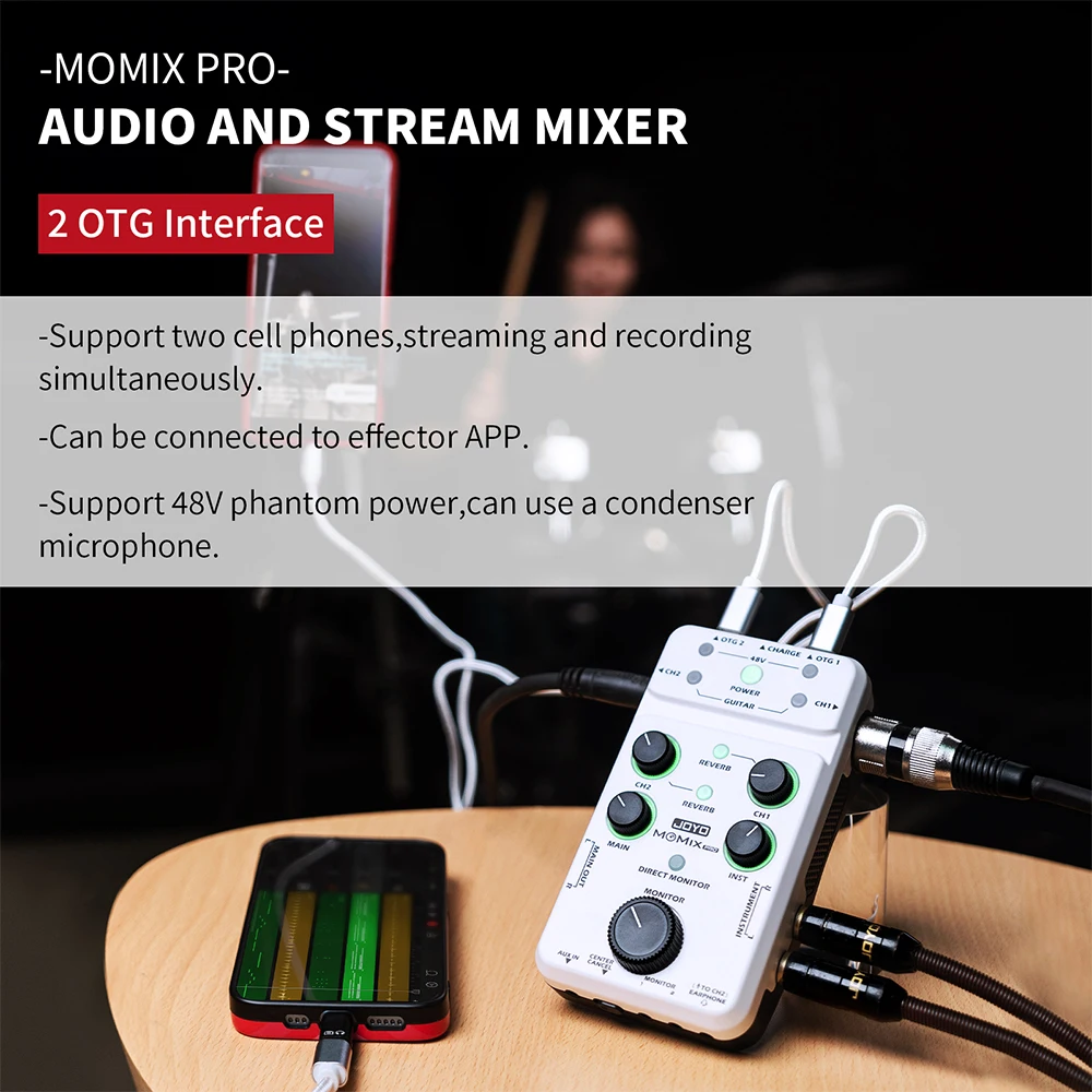 JOYO MOMIX PRO Audio Interface Sound Card Portable Audio Mixer Support 48V Phantom Power for Live Recording Studio Singing view 6
