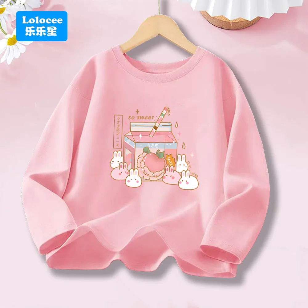 Frühling Herbst Kinder Langarm T-Shirt Kawaii Hase & Pfirsich Trinken Drucken Rundhals Pullover Tops Kleidung Outdoor T Shirts YLZH1