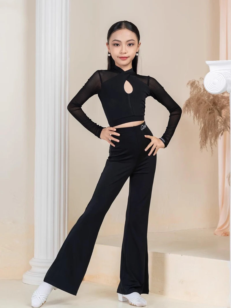 

Осенняя одежда для латинских танцев для девочек, топы для танцев с воротником-халтер с длинными рукавами, детские расклешенные брюки, танцевальная тренировочная одежда