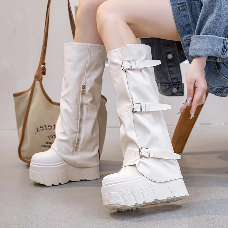 

2026 модная осенне-зимняя женская обувь на платформе, сапоги до колена, женские теплые плюшевые высокие сапоги на скрытом каблуке, зимняя обувь Botas Mujer