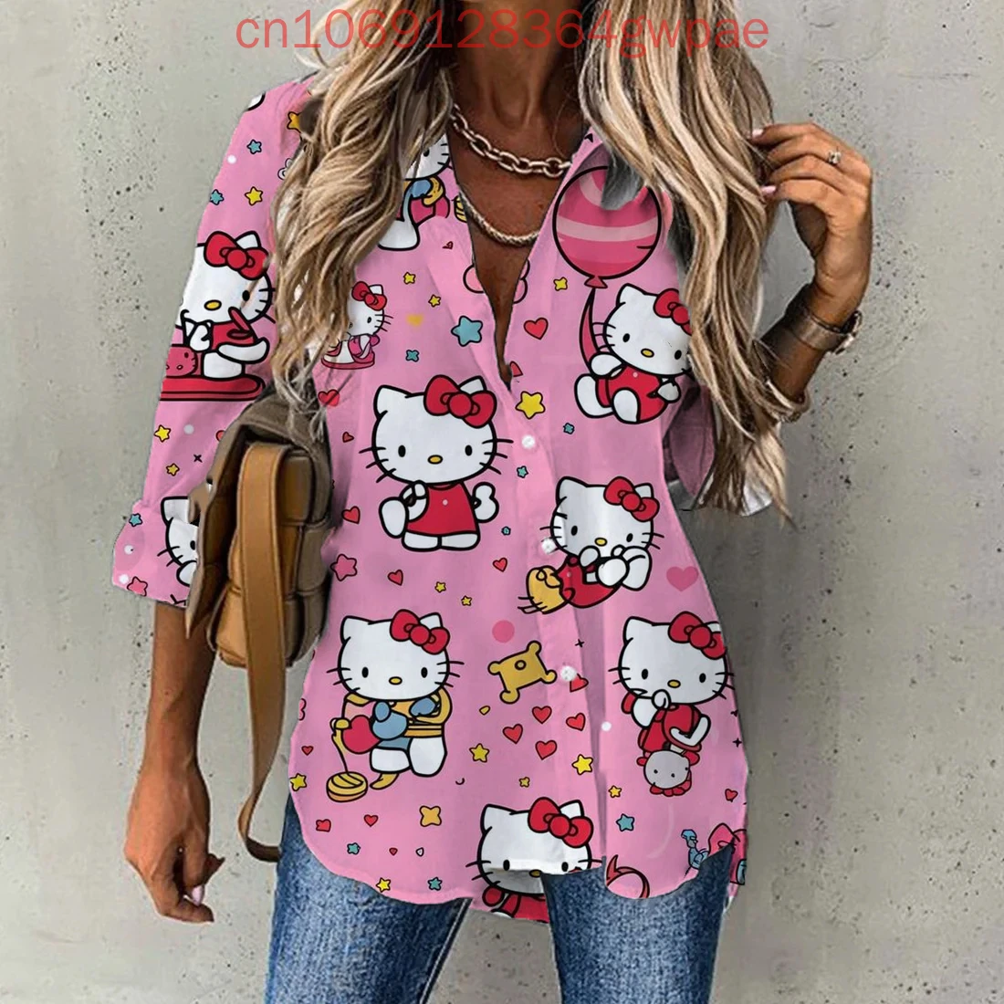 

2025 Cartoon Hellokitty Casual Blouse Women's Long Sleeve Shirt Button Cardigan Elegant 3D Breathable Womens Hawaiian Shirts Top
