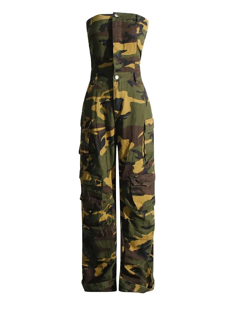 ECR Spliced Pockets Camouflage Junmpsuits For Women Strapless Sleeveless High Waist Streewear Casual Jumpsuit Female Fashion New