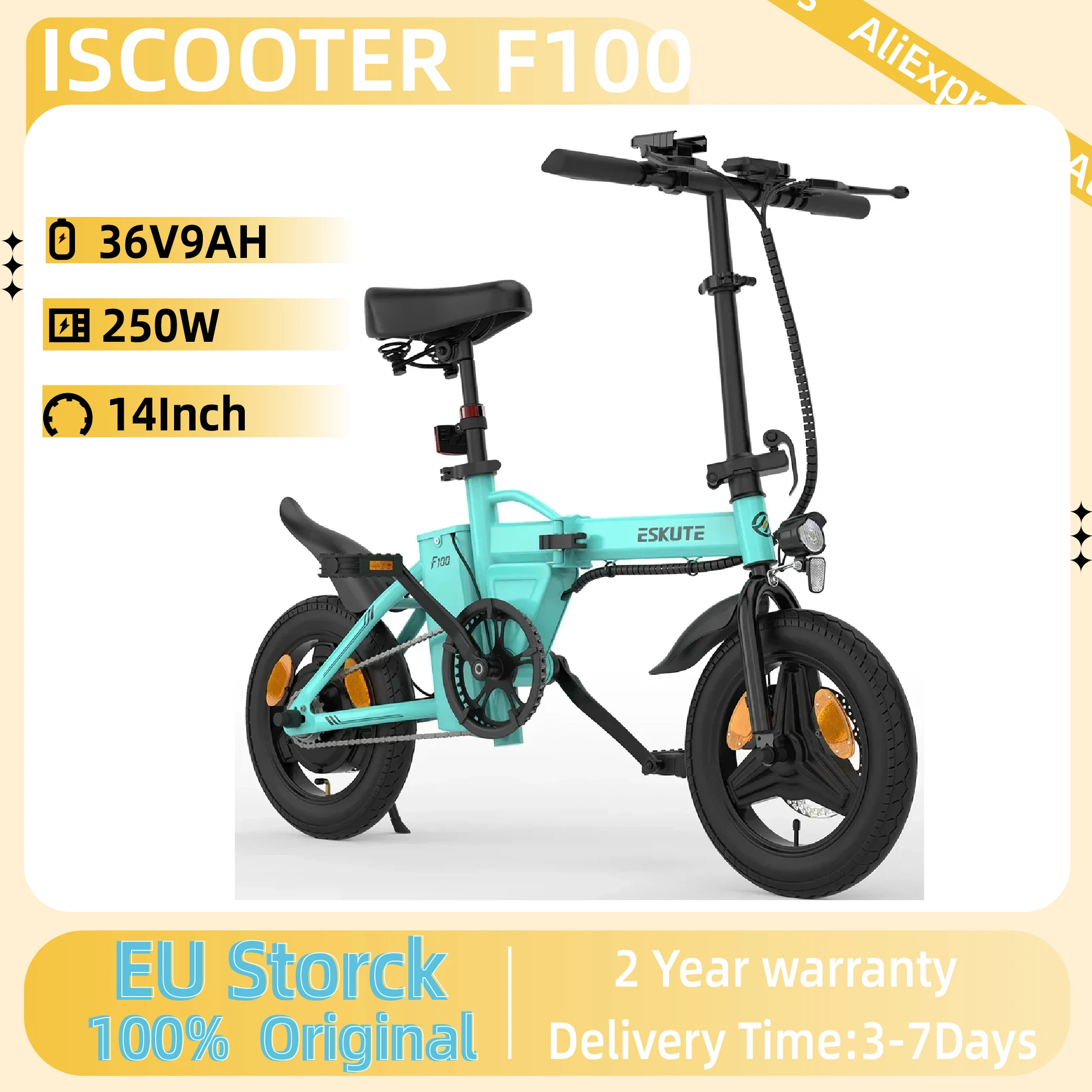 Vélo électrique pour adultes ESKUTE F100, moteur 250W, pliable, 14 pouces, batterie 36V9AH, vitesse maximale 40KM/H