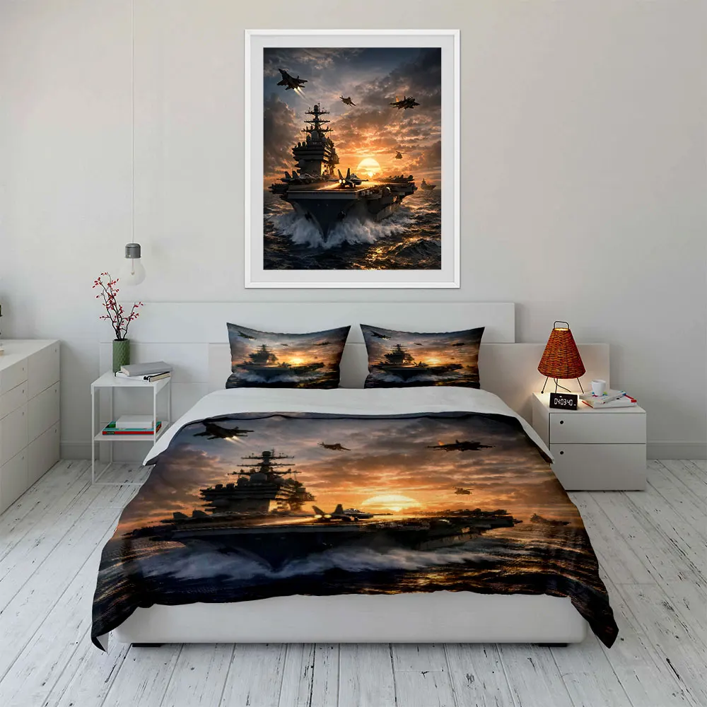 Aircraft Carrier and Jets at Sunset Print Soft Comfortable Duvet Cover Bedding Set Included 1*Duvet Cover  2*Pillowcases