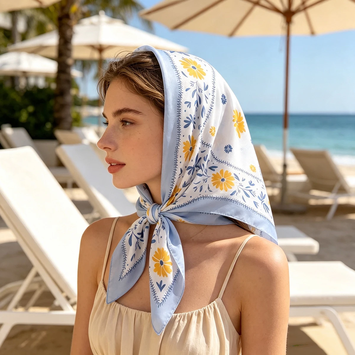 70X70cm Soft Satin Neckerchief Floral Printed Hair Scarf For Women Fashion Headbands Square Shawls Bandana Head Hijab Scarves