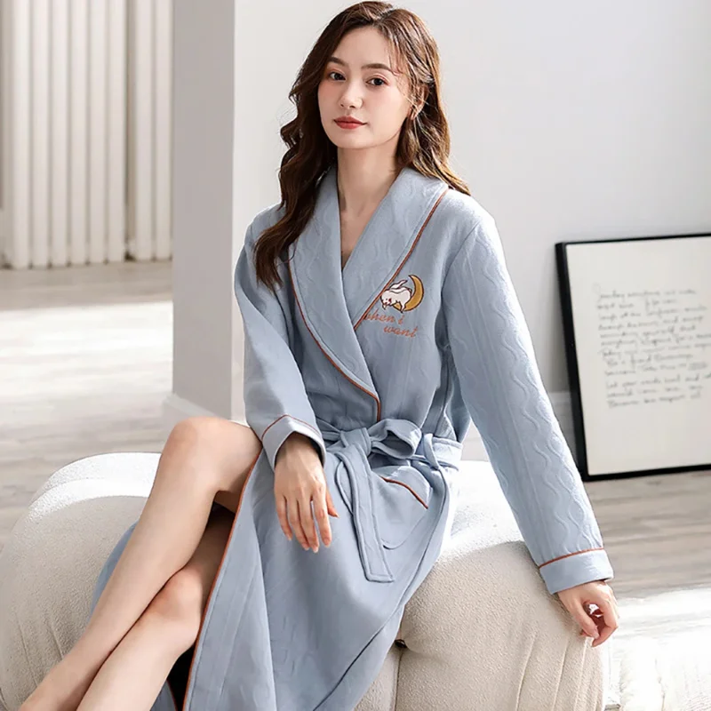 Autumn Winter Air Cotton Robes for Women High-Grade Thickened Interlayer Night Dress Casual Fashion Embroidery Bathrobe vestidos