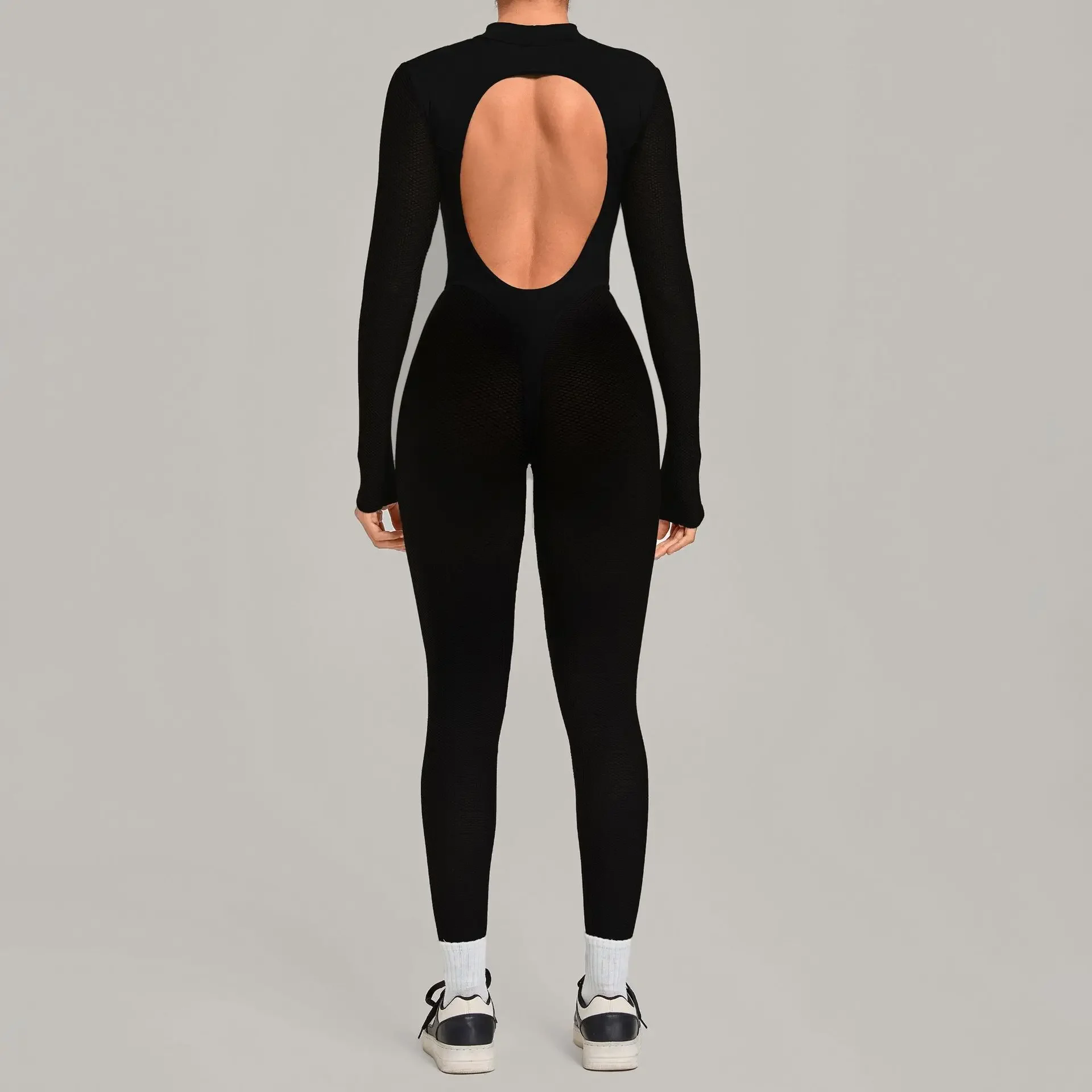 Mesh Jumpsuits No Padding Sports Overalls Sexy Transparent Sportswear Long Sleeve Tracksuit Gym Clothes Woman Yoga Set Black XL