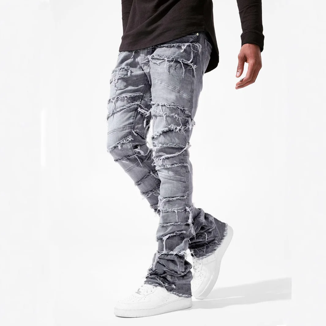 

Men's Tight Fit Street Faion Personali Jeans mid Waist Tear Denim Casual Straight Tube Stand Version for Teenagers